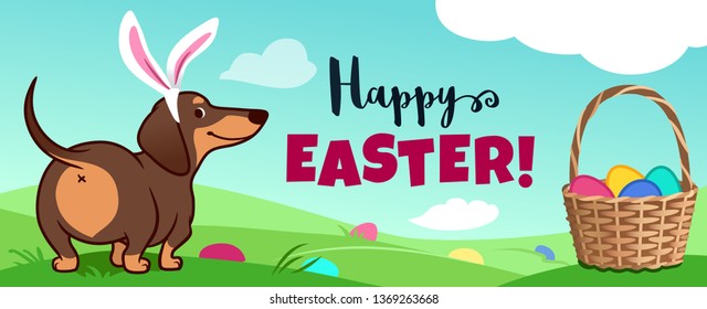 Cute dachshund dog with Easter bunny ears sits in grass, basket full of candy eggs, eggs hidden in grass, vector cartoon illustration, text "Happy Easter!"  Spring, pets, egg hunt kids party theme.