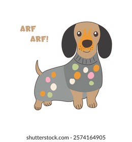 Cute dachshund dog in flat design. Adorable pet wearing funny sweater. Vector illustration isolated.