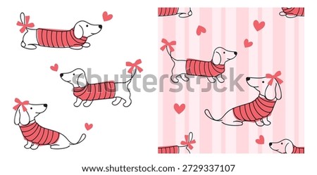 Cute dachshund dog illustration set wearing red sweater with heart and bow elements, including seamless striped pattern design for Valentine themes, stationery, fabric prints, and playful decorative backgrounds.