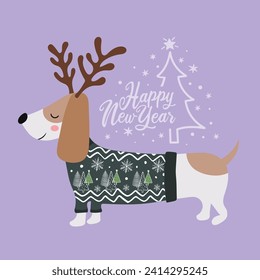 Cute dachshund dog illustration.Cartoon dachshunds in christmas day,Cartoon happy dachshund,Flat vector illustration for prints, clothing, packaging and postcards, cute dog, christmas day.New year art