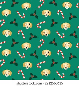 cute dachshund dog mistletoe candy Christmas winter seamless repeat pattern on green background