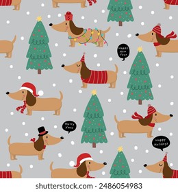 Lindo perro dachshund, cachorro en traje de invierno y árbol de navidad sin patrón y Fondo de pantalla. Navidades vacaciones fondo. Personajes de dibujos animados. -Vector