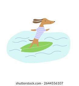 Cute dachshund dog surfing on a green surfboard, wearing a striped shirt – playful summer illustration perfect for beach-themed designs and fun seasonal projects.
