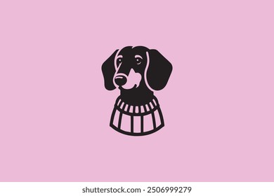 Cute dachshund dog in a sweater. logo, icon, emblem, pictogram. On a pink background