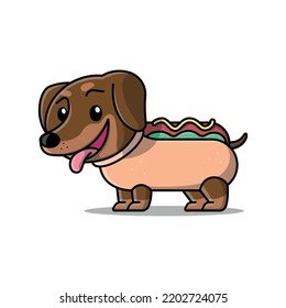 EL PERRO CUTE DACHSHUND ESTÁ USANDO UN COSTUMBRE DE HOTDOG