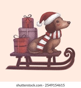 cute Dachshund dog wearing a Santa hat and sitting on a sled with gifts, winter season holidays illustration, vintage Christmas art