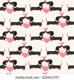 Cute dachshund dogs and hearts seamless pattern background. Valentines day concept. Vector cartoon doodle illustration