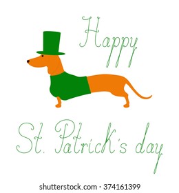 Cute dachshund in emerald hat and jersey. Calligraphic lettering Happy St Patrick"s day. Greeting card / invitation template. Design element