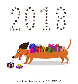 Cute dachshund with gifts on back watching on gift box with bone inside and number 2018 made of paw prints upon isolated on white background. Vector illustration, clip art, symbol of 2018 new year.