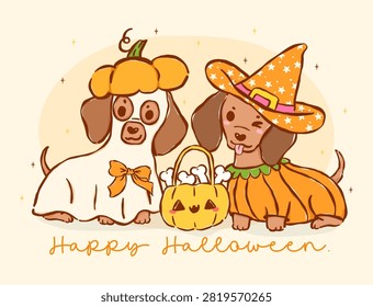 Cute Dachshund Halloween Ghost and Pumpkin, Happy Halloweenie, Cartoon Hand Drawn Illustration