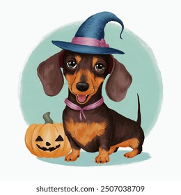 Lindo perro salchicha. Ilustración de perro temática de Halloween.