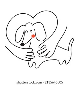 Cute dachshund. Hands hugs dog. Vector outline illustration on white background.