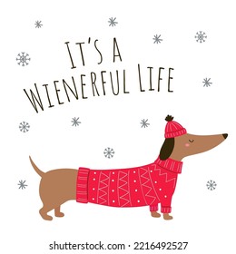 Cute dachshund with inscription- Wienerful life. Christmas characters. Cartoon dachshund in a sweater and hat. Christmas dog. Dachshund clothes. Vector illustration. Isolated on white background. 