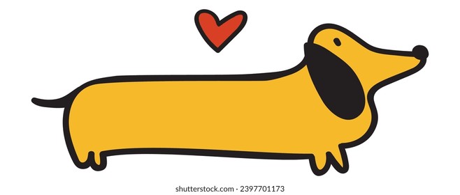Cute dachshund and little red heart. Pets adoption. Vector flat illustration on white background. 