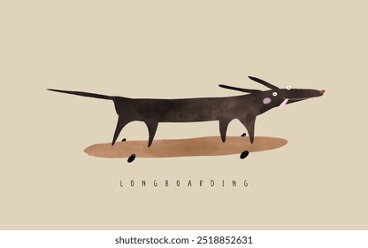 Cute Dachshund on a Longboard. Happy Black Puppy on a Beige Background. Nursery Art with Funny Dog Ideal for Kids' Room Decoration. Hand Drawn Vector Print with Crazy Dog Skateboarding. RGB.