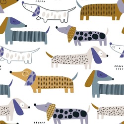 Cute Dachshund Pattern. Hand Drawn Seamless Texture With Dogs. Vector Illustration