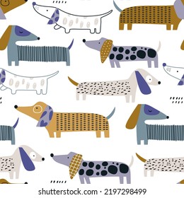Cute dachshund pattern. Hand drawn seamless texture with dogs. Vector illustration