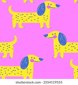 Cute dachshund pattern. Hand drawn seamless texture with dogs. Vector illustration