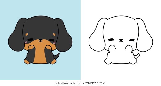 Cute Dachshund Puppy Clipart for Coloring Page and Illustration. Happy Clip Art Baby Dog. Happy Vector Illustration of a Kawaii Pet for Stickers, Baby Shower, Coloring Pages. 