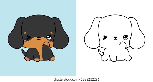 Cute Dachshund Puppy Clipart for Coloring Page and Illustration. Happy Clip Art Baby Dog. Happy Vector Illustration of a Kawaii Pet for Stickers, Baby Shower, Coloring Pages. 