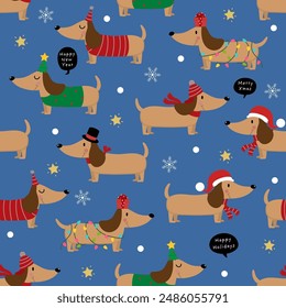 Cute dachshund puppy and dog in winter costume seamless pattern and wallpaper. Christmas holidays background. Animal cartoon characters. -Vector