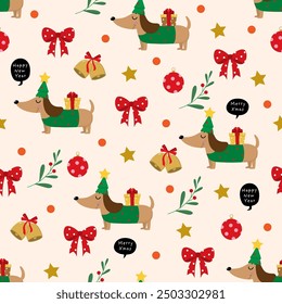 Cute dachshund puppy and dog in xmas costume and ornament ball seamless pattern and wallpaper. Christmas holidays background. Animal cartoon characters. -Vector