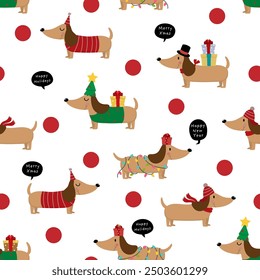 Cute dachshund puppy and dog in xmas costume and ornament ball seamless pattern and wallpaper. Christmas holidays background. Animal cartoon characters. -Vector