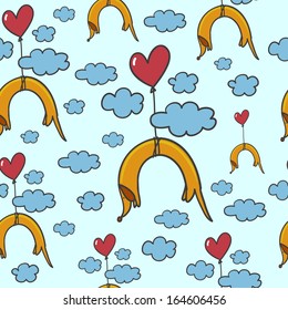 Cute dachshund puppy flying with colored hearts balloons among the clouds. Colorful background