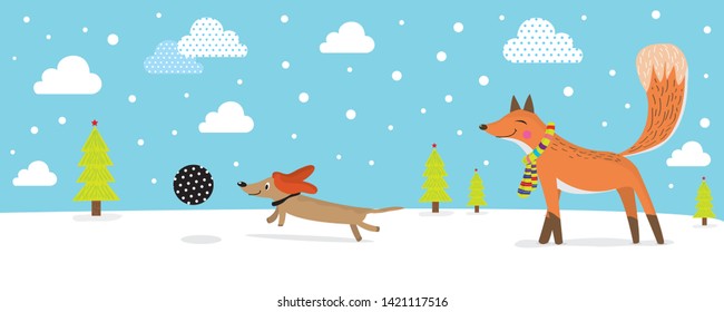 Dachshund In Snow Cartoon