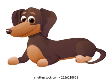 Cute dachshund Welpe, Lügen und Lächeln im Cartoon-Stil, heller Haustiercharakter einzeln auf weißem Hintergrund.