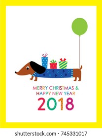 cute dachshund puppy merry christmas and happy new year 2018 greeting