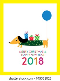cute dachshund puppy merry christmas and happy new year 2018 greeting