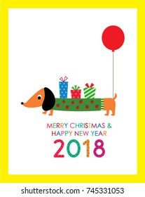 cute dachshund puppy merry christmas and happy new year 2018 greeting