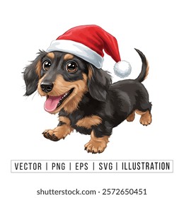 Cute Dachshund Puppy in Santa Hat - Christmas Cartoon Vector Illustration