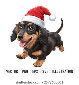 Cute Dachshund Puppy in Santa Hat - Christmas Cartoon Vector Illustration