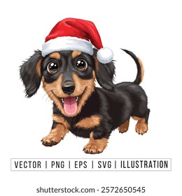 Cute Dachshund Puppy in Santa Hat - Christmas Cartoon Vector Illustration