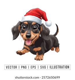 Cute Dachshund Puppy in Santa Hat - Christmas Cartoon Vector Illustration