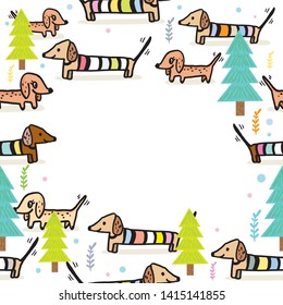 Cute dachshund puppy in the snow vector,cute dog play a ball in the snow,Vector illustration for Merry Christmas and Happy New Year,Cute dog in simple cartoon style,Illustration of cute dachshund