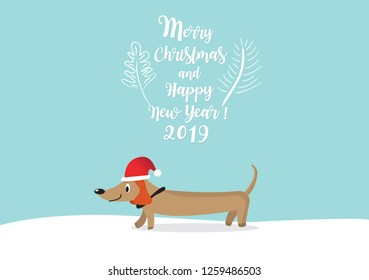 Cute dachshund puppy in the snow vector,Vector illustration for Merry Christmas and Happy New Year,Cute dog in simple cartoon style,Illustration of cute dachshund 