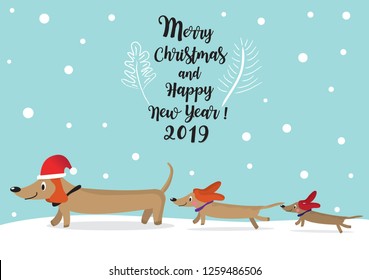 Cute dachshund puppy in the snow vector,Vector illustration for Merry Christmas and Happy New Year,Cute dog in simple cartoon style,Illustration of cute dachshund 