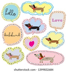 
Cute dachshund puppy in speech bubble colorful ,Illustration of cute dachshund,Vector speech bubble colorful set,Hand drawn set of dog in speech bubbles with handwritten