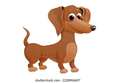 Cute dachshund Welpe, stehend und lächelnd im Cartoon-Stil, heller Haustiercharakter einzeln auf weißem Hintergrund.