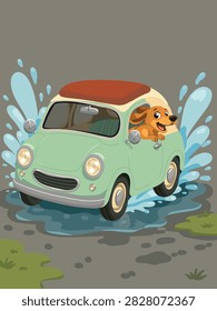 Cute dachshund riding in a retro mint green car splashing through a large puddle, playful cartoon illustration for pet adventure, road trip, travel and rainy day themes.
