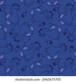 CUTE DACHSHUND WITH RUBBER RING AND ICE CREAM SEAMLESS PATTERN