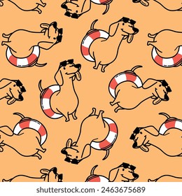 CUTE DACHSHUND WITH RUBBER RING SUMMER SEAMLESS PATTERN