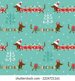 Cute dachshund in Santa hat. Funny christmas print. Seamless pattern. Vector.