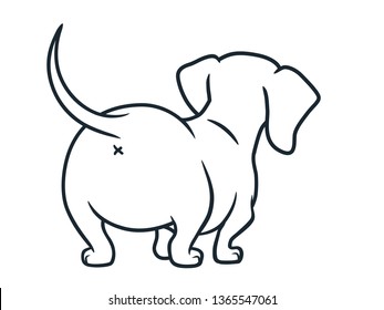 Cute dachshund sausage dog vector cartoon illustration isolated on white. Simple black and white line drawing of  wiener puppy, rear view. Funny doxie butt, dog lovers, pets, animals theme.