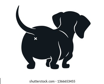 Cute dachshund sausage dog vector cartoon illustration isolated on white. Simple black and white silhouette drawing of  wiener puppy, rear view. Funny doxie butt, dog lovers, pets, animals theme.