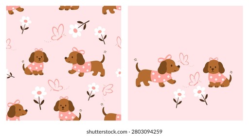Cute dachshund seamless pattern with flowers and butterflies on pastel pink background, adorable puppy illustration for nursery, baby fabric, wallpaper and children's produc.