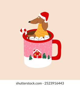 A cute dachshund is sitting in a cup of hot chocolate.  Merry Christmas